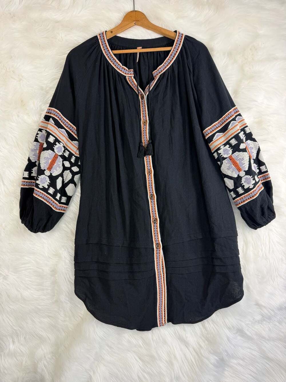 Free People Dress Size S Black Embroidered Boho Kaftan Tunic